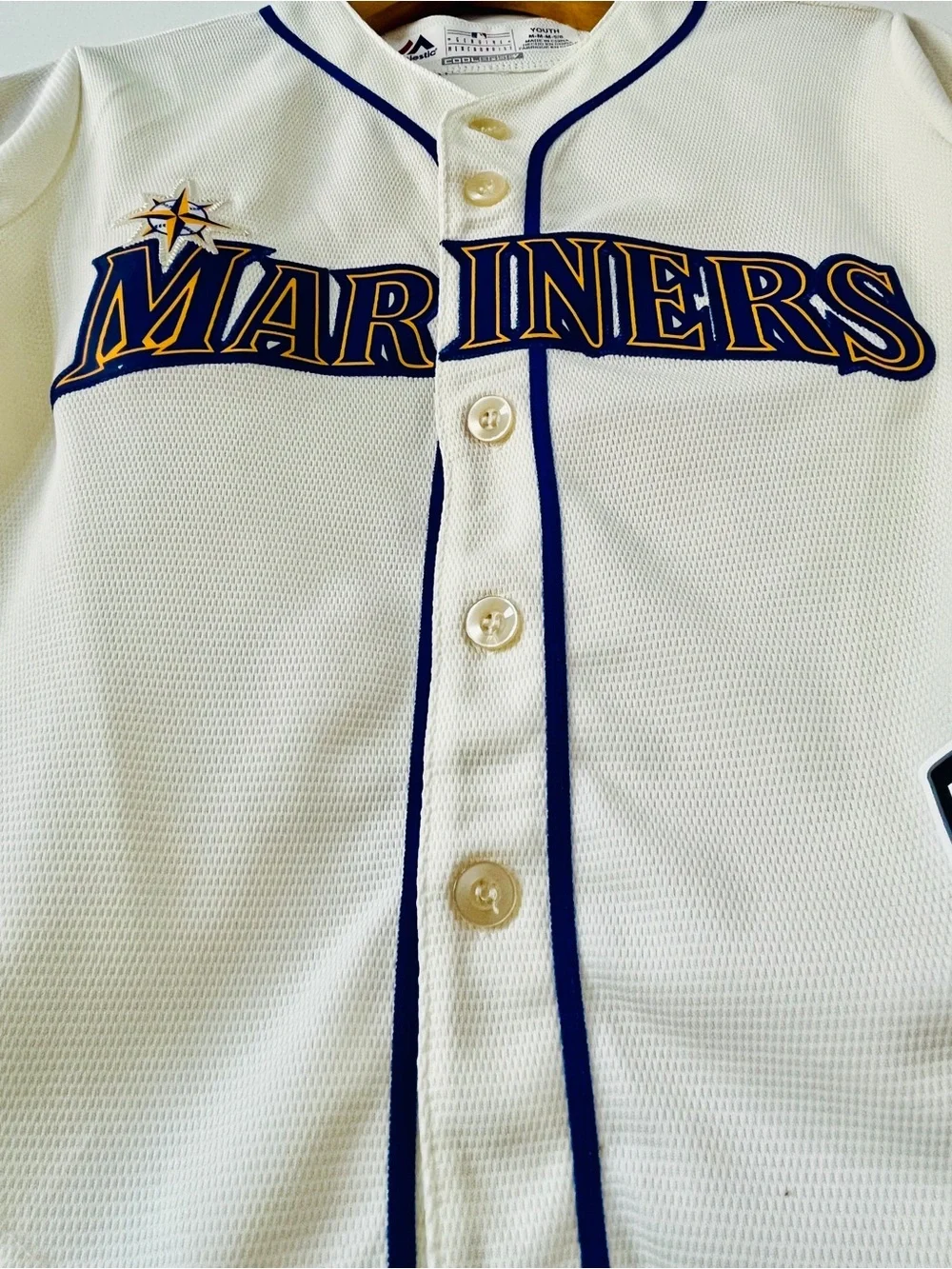 Majestic Kids Cream and Navy Seattle Mariners Jersey